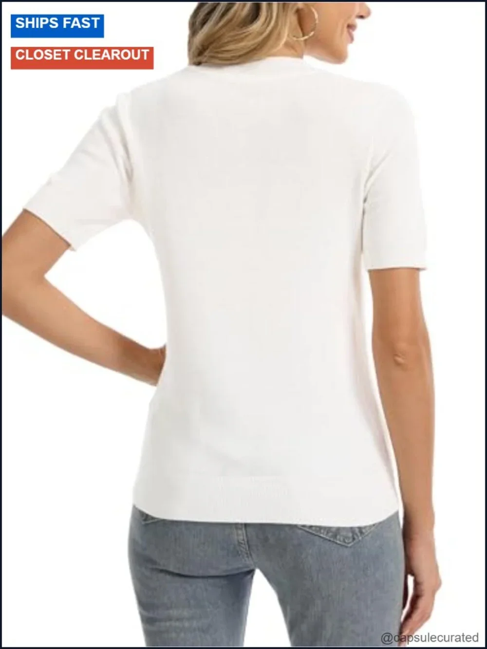 Lightweight Merino Wool Blend Short Sleeve Crew Neck Sweater Pullover